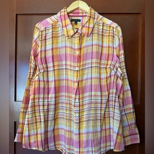 Lane Bryant Pink & Yellow Plaid Light Gauze Button Down